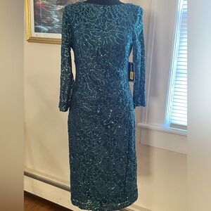 Jessica Howard Teal Sequin Dress with long sheer sleeves NWT